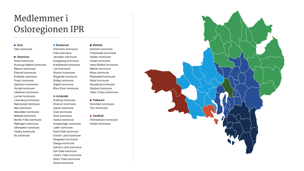 Kart over Osloregionen med liste av medlemmer